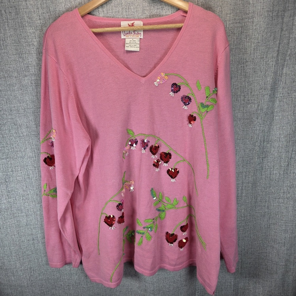 Quacker Factory Pink Sequins Embroidered Hearts Sweater V Neck 1X Cottagecore